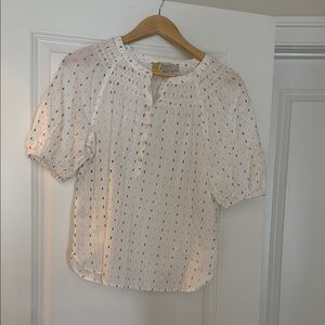 LOFT White Puff Sleeve Blouse with Mandarin Collar